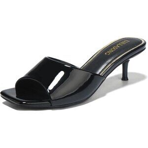 Lullasong Kitten Heels Black Faux Leather Women's Sandals Slides Square Open Toe